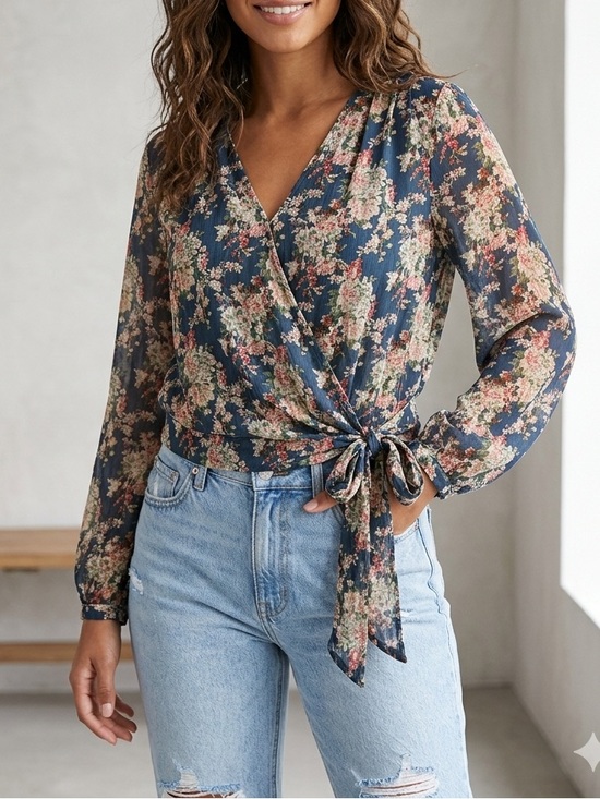 Lucky Brand Tops - Lucky Brand Women's Navy Floral Wrap Faux-Wrap Tie-Waist Long Sleeve Blouse❤️